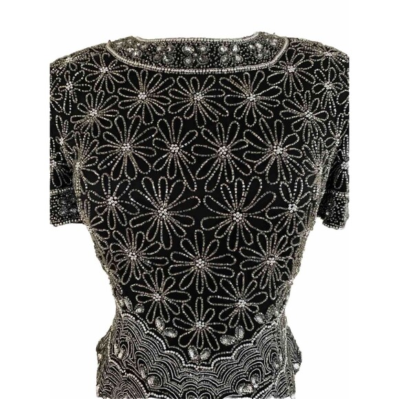 Papell Boutique Evening, Silk‎ Floral Beaded Black Blouse Size S Mint - Picture 2 of 10